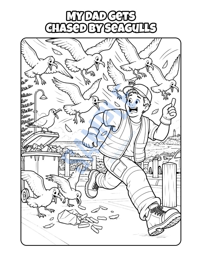 Coloring page from My Dad Is a Garbage Collector: "My Dad Gets Chased by Seagulls"