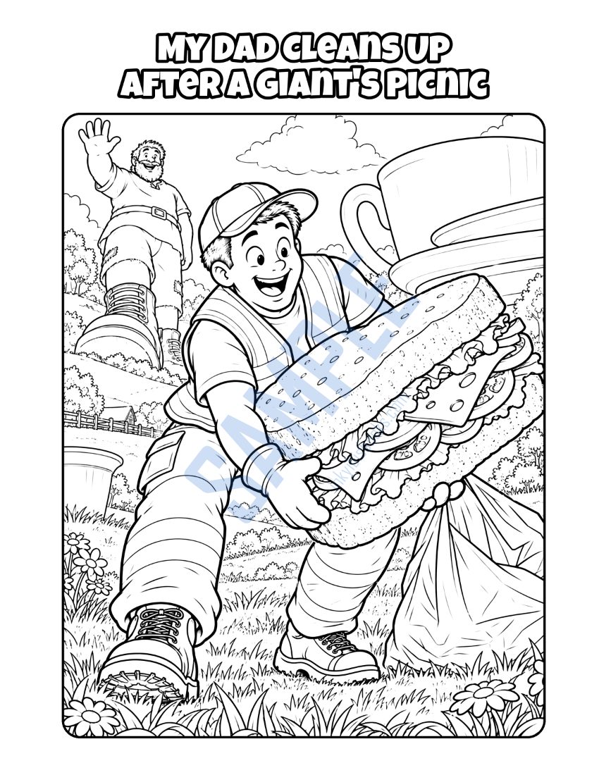 Coloring page from My Dad Is a Garbage Collector: "My Dad Cleans Up After a Giant's Picnic"