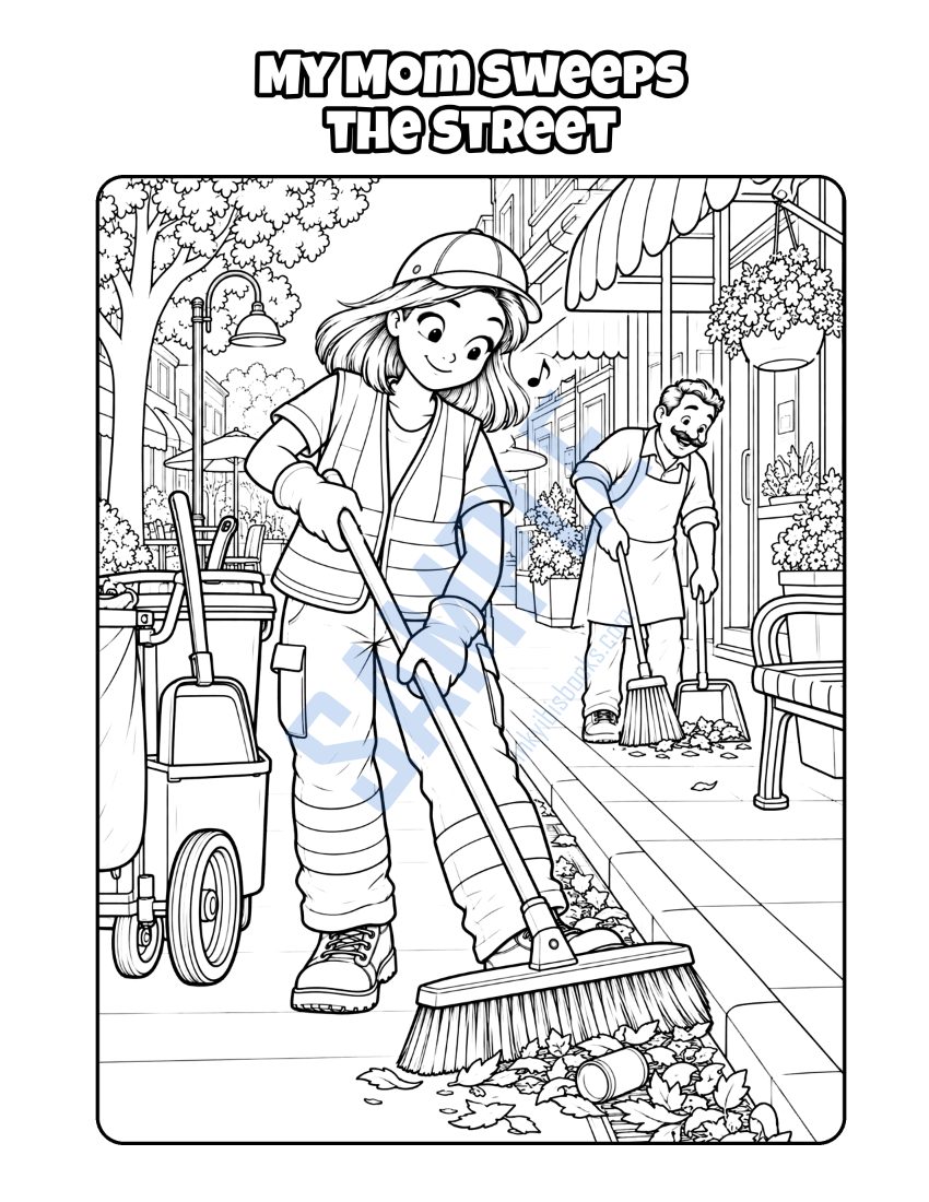 Coloring page from My Mom Is a Garbage Collector: "My Mom Sweeps the Street"