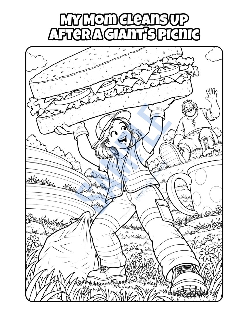 Coloring page from My Mom Is a Garbage Collector: "My Mom Cleans Up After a Giant's Picnic"