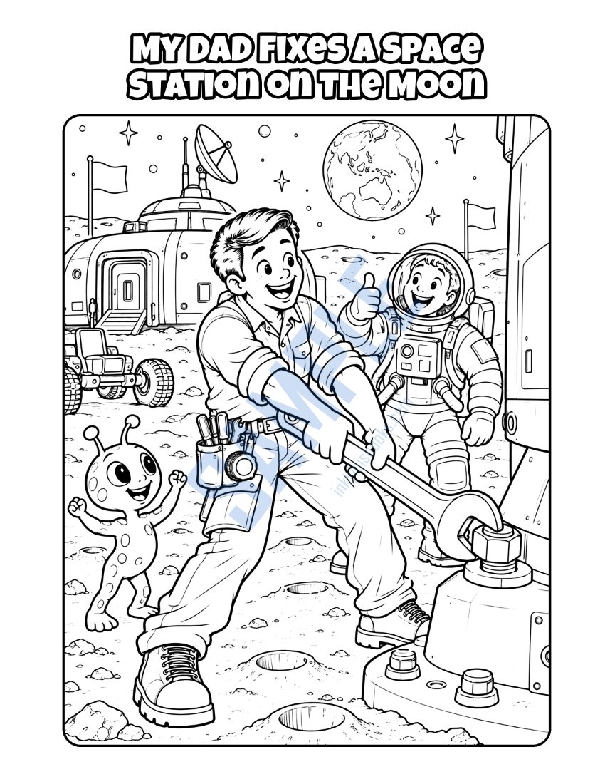Coloring page from My Dad Is a Handyman: "My Dad Fixes a Space Station on the Moon"