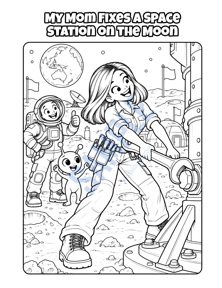 Coloring page from My Mom Is a Handywoman: "My Mom Fixes a Space Station on the Moon"