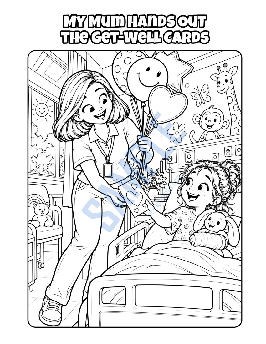 Colouring page from My Mum Works at the Hospital: "My Mum Hands Out the Get-Well Cards"