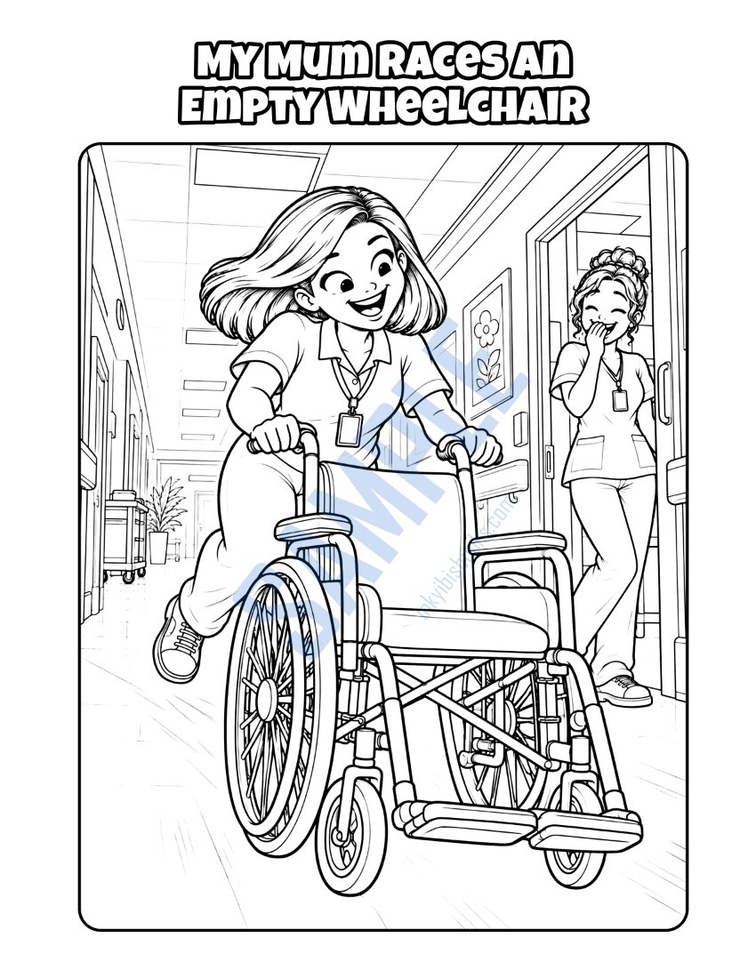 Colouring page from My Mum Works at the Hospital: "My Mum Races an Empty Wheelchair"