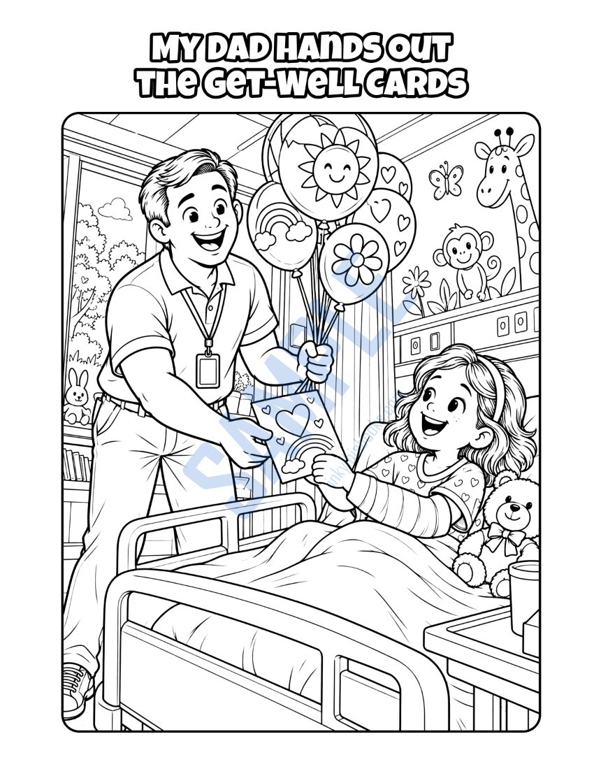 Coloring page from My Dad Works at the Hospital: "My Dad Hands Out the Get-Well Cards"