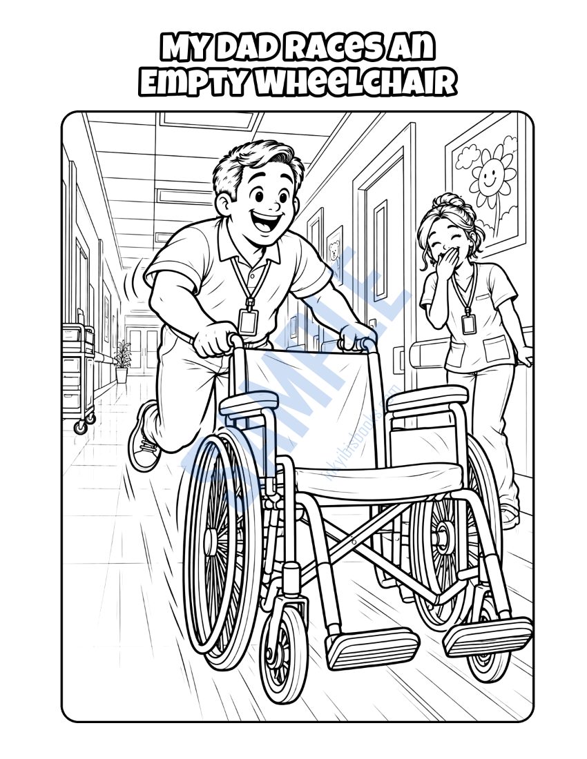 Coloring page from My Dad Works at the Hospital: "My Dad Races an Empty Wheelchair"
