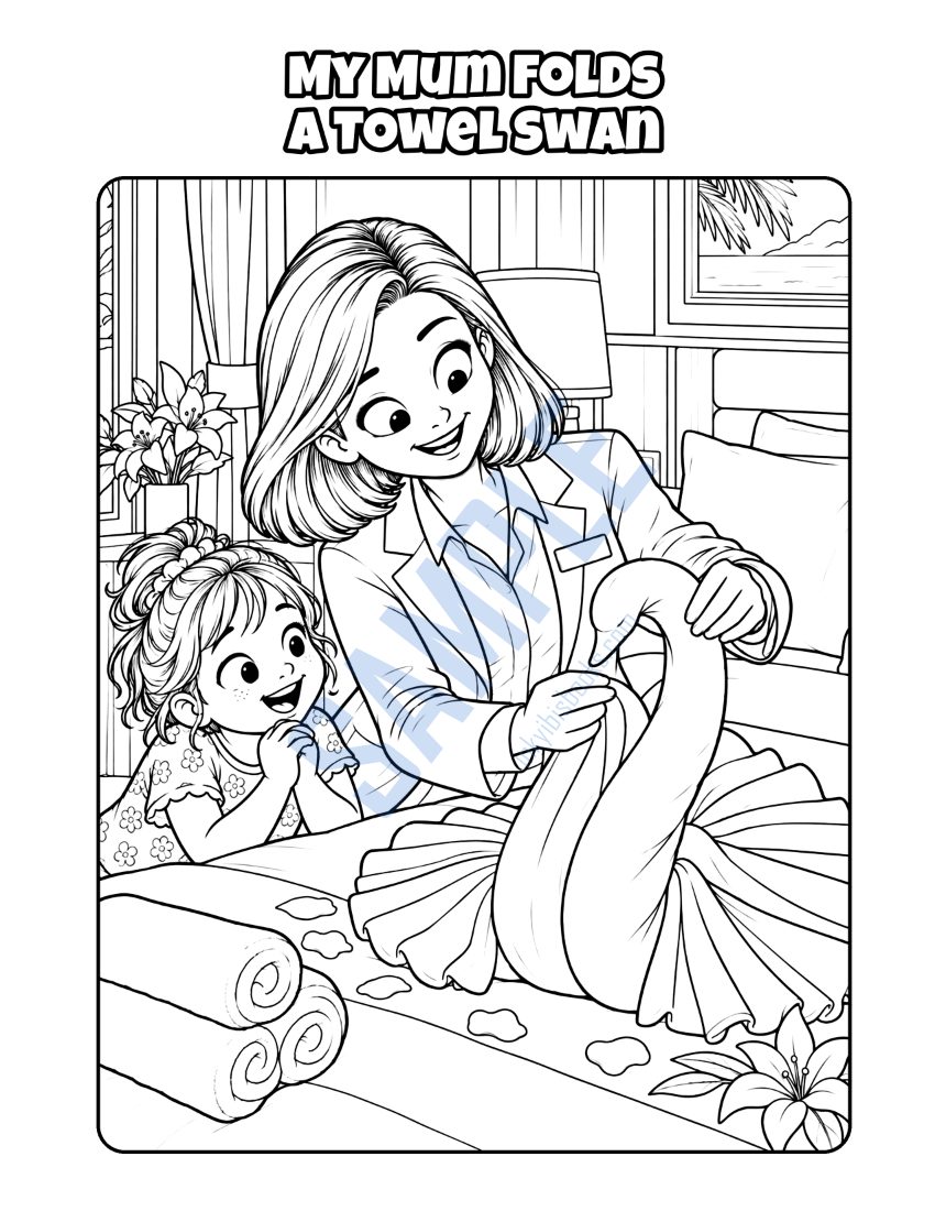 Colouring page from My Mum Works at a Hotel: "My Mum Folds a Towel Swan"