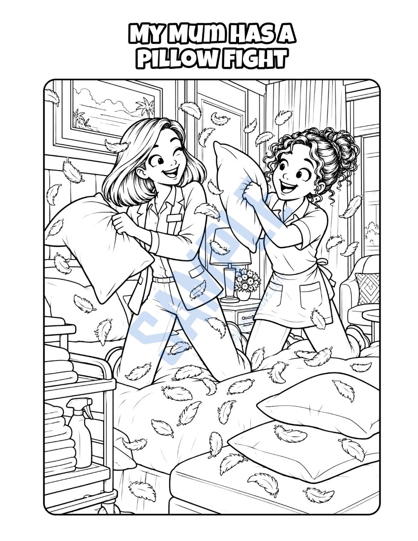 Colouring page from My Mum Works at a Hotel: "My Mum Has a Pillow Fight"
