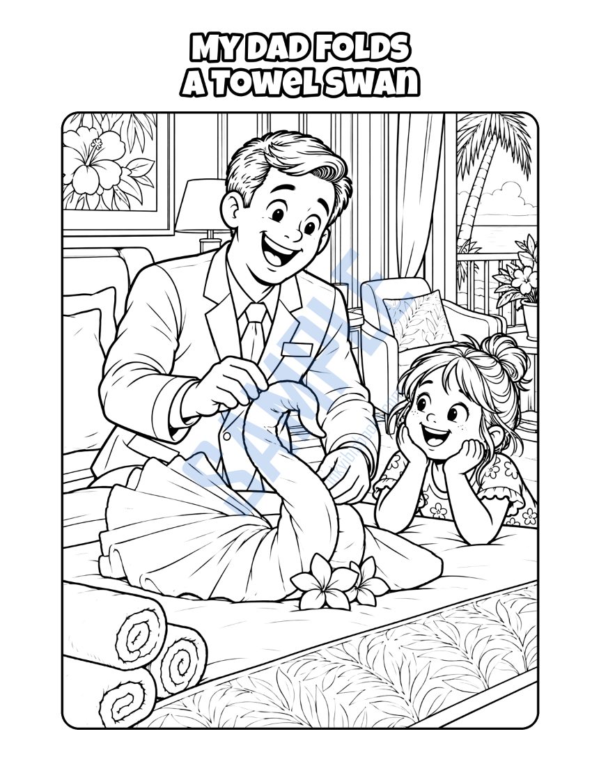 Coloring page from My Dad Works at a Hotel: "My Dad Folds a Towel Swan"