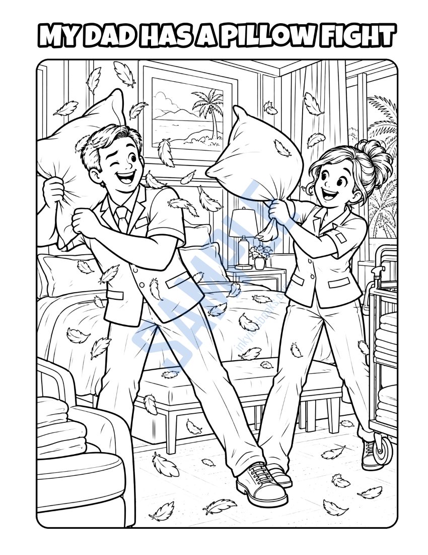 Coloring page from My Dad Works at a Hotel: "My Dad Has a Pillow Fight"
