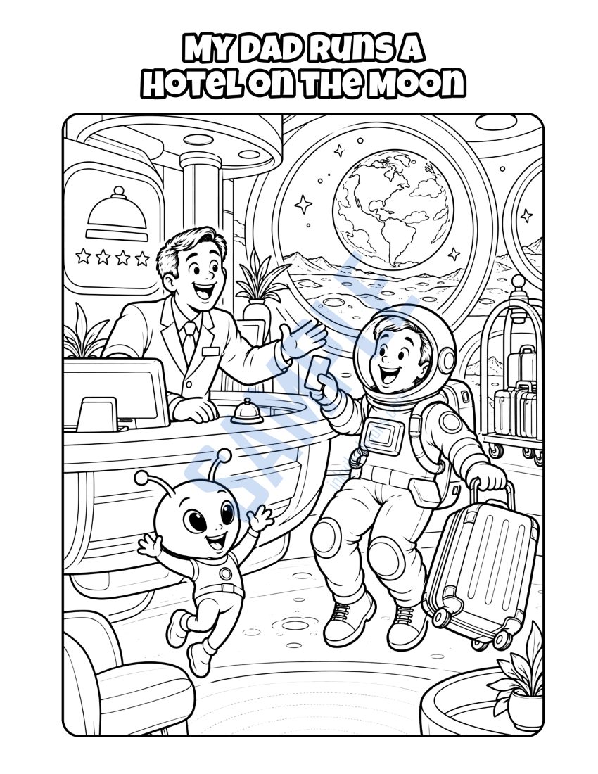 Coloring page from My Dad Works at a Hotel: "My Dad Runs a Hotel on the Moon"