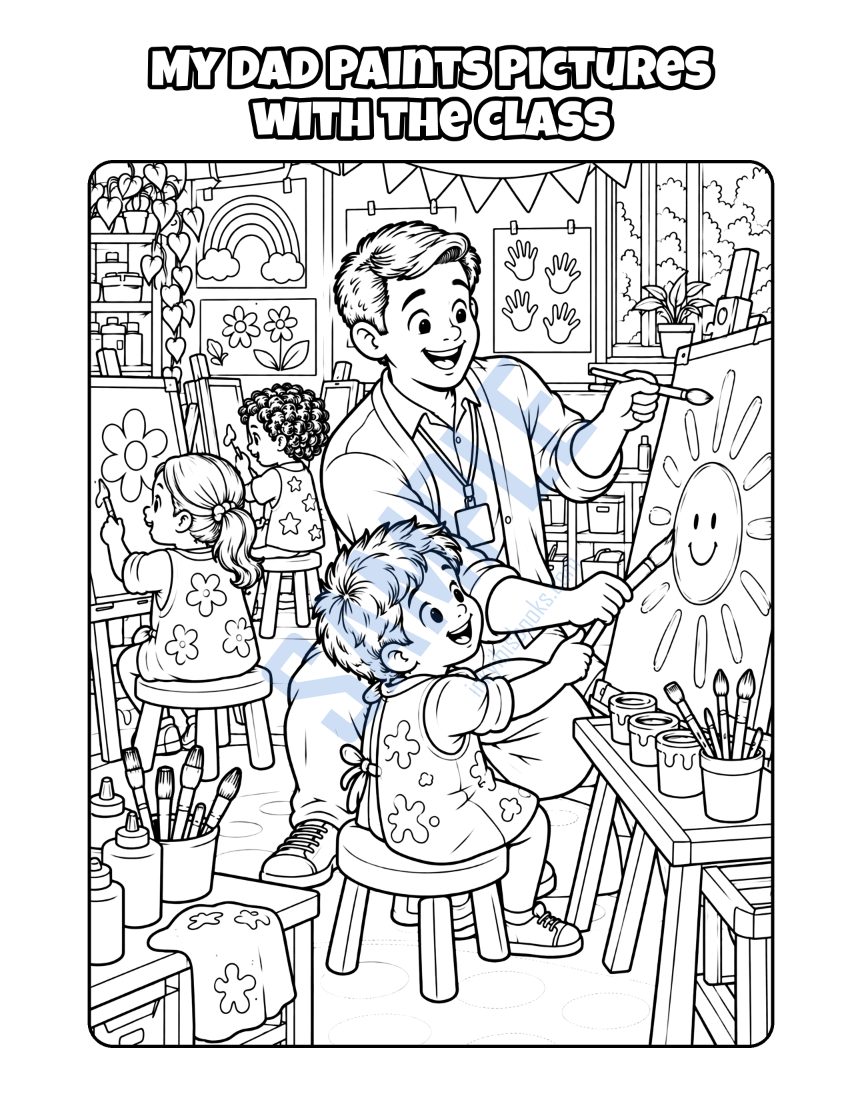 Coloring page from My Dad Is a Preschool Teacher: "My Dad Paints Pictures with the Class"
