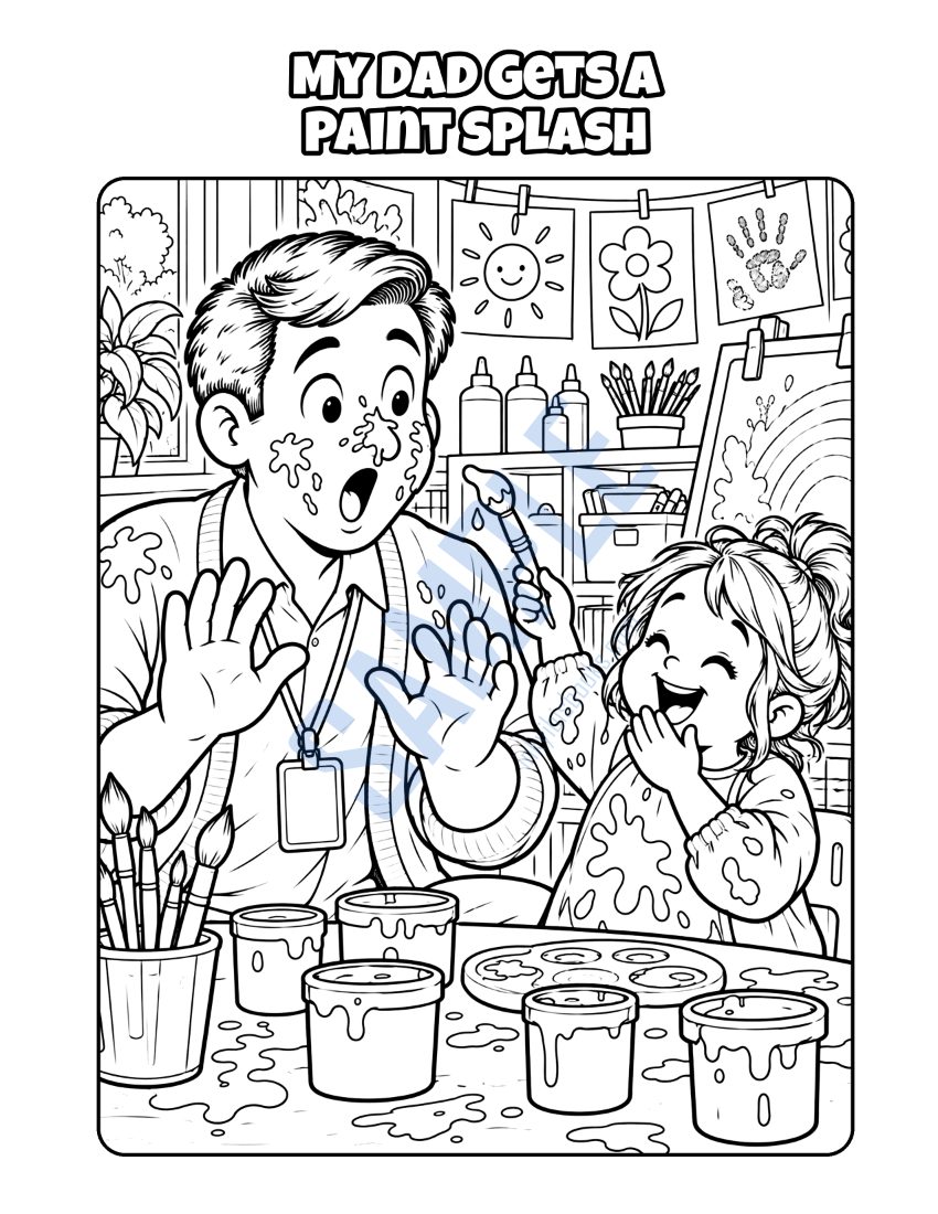 Coloring page from My Dad Is a Preschool Teacher: "My Dad Gets a Paint Splash"