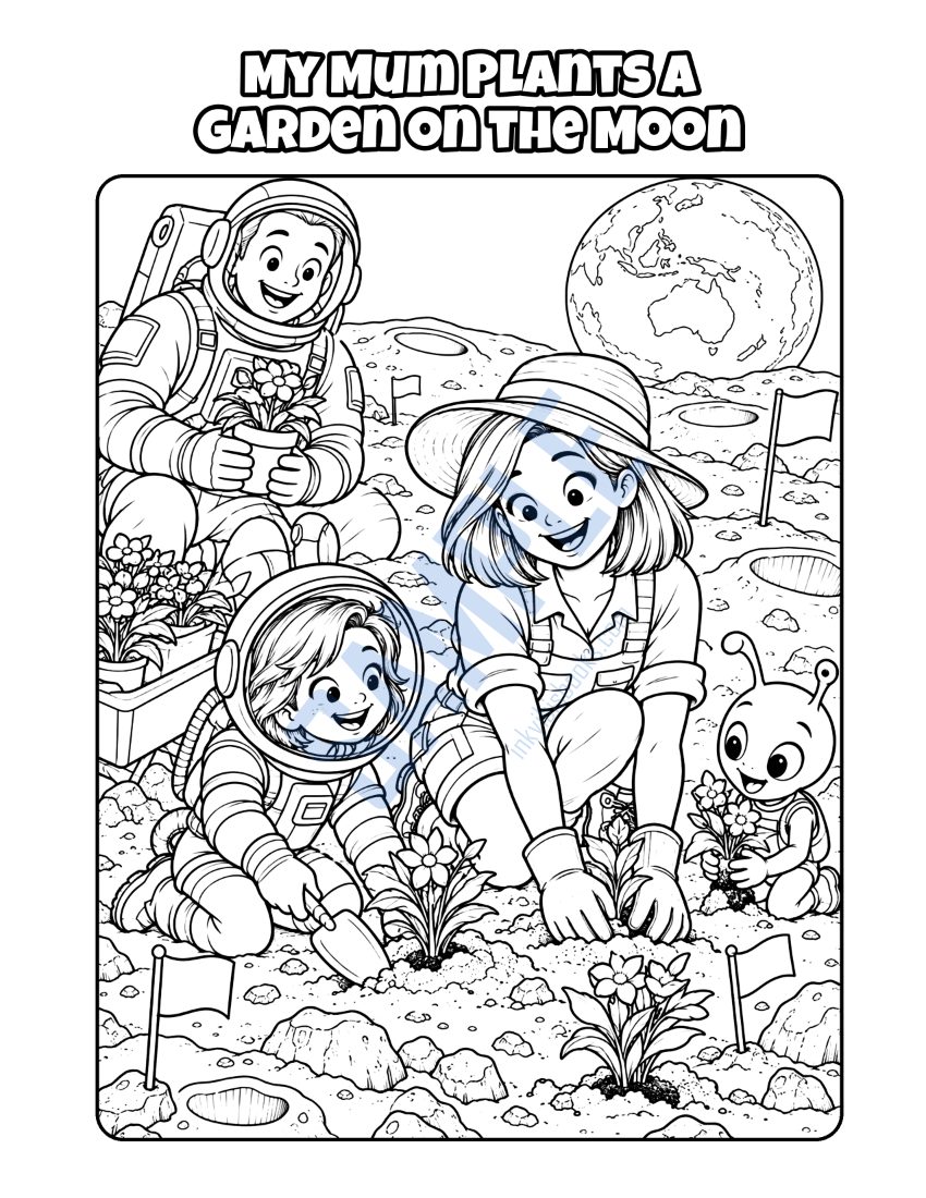 Colouring page from My Mum Is a Gardener: "My Mum Plants a Garden on the Moon"