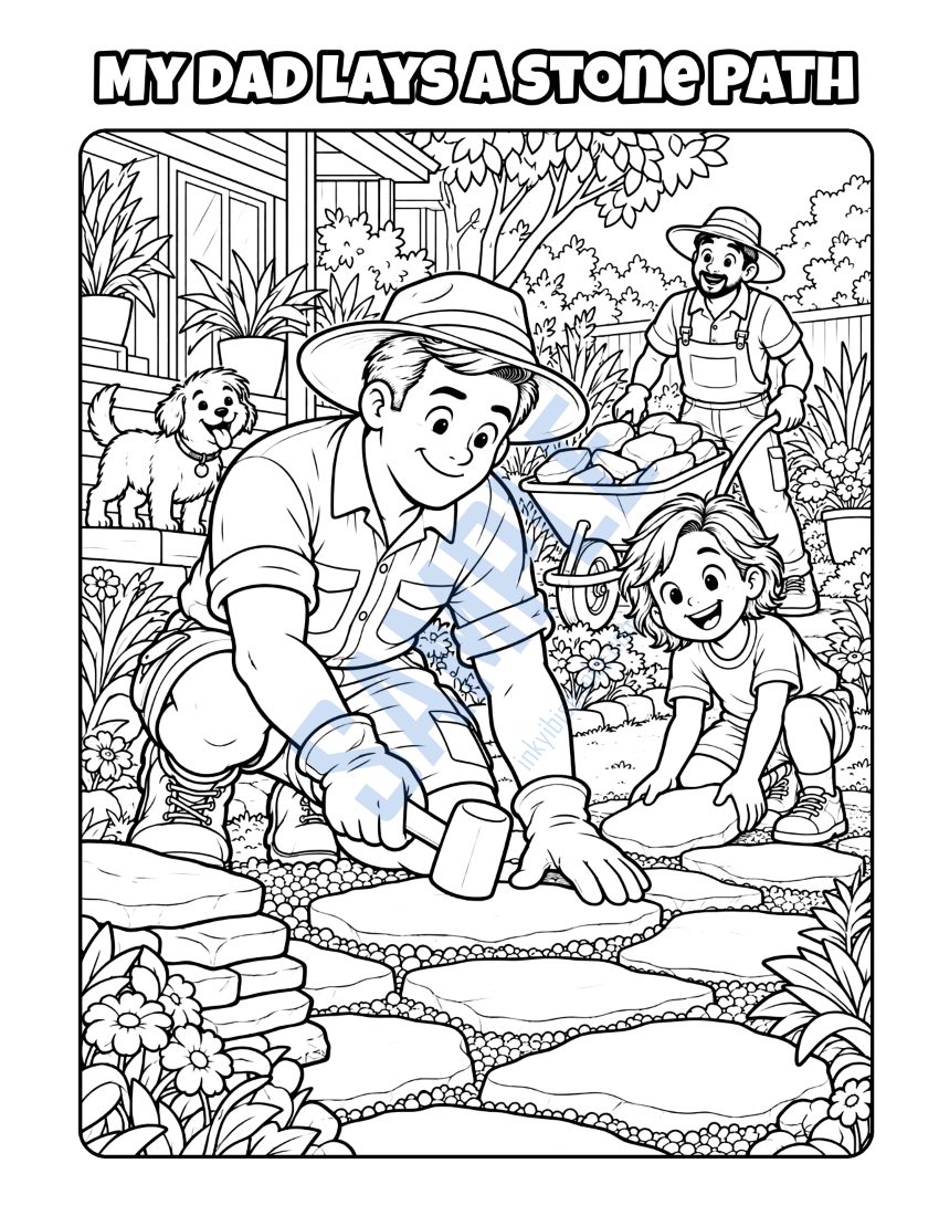 Coloring page from My Dad Is a Landscaper: "My Dad Lays a Stone Path"