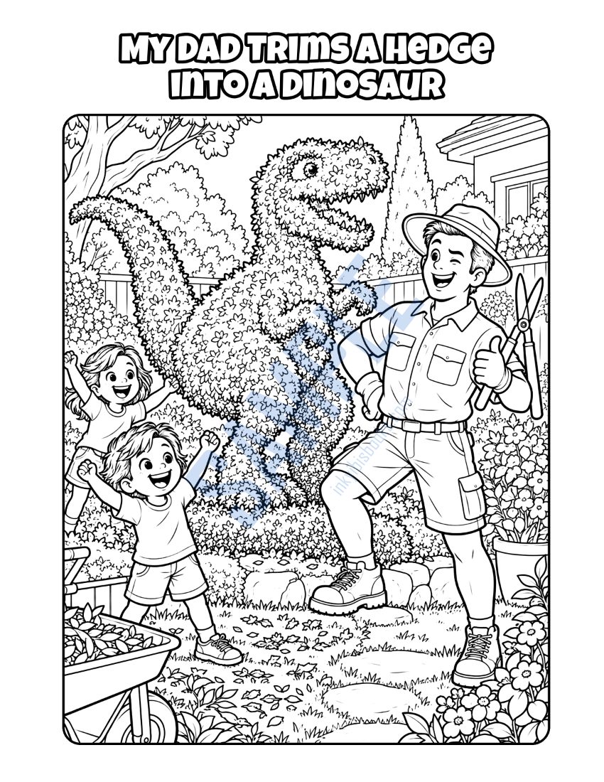 Coloring page from My Dad Is a Landscaper: "My Dad Trims a Hedge into a Dinosaur"