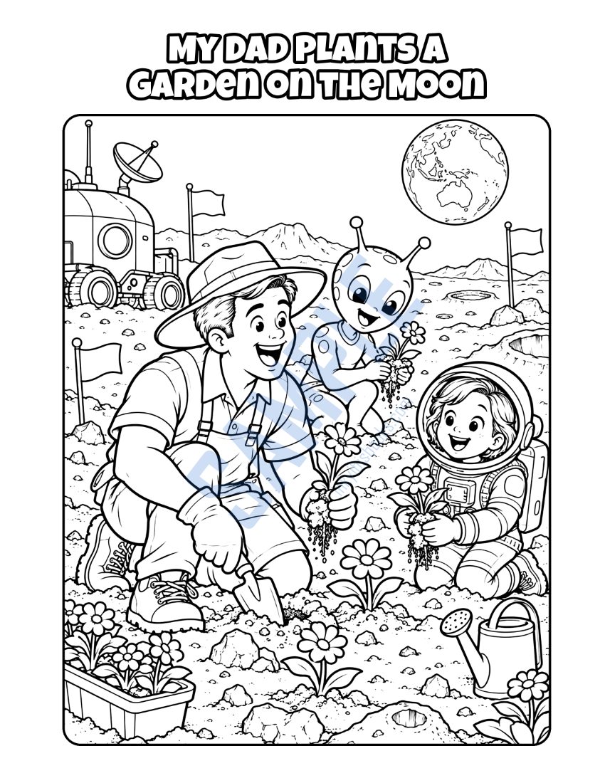 Coloring page from My Dad Is a Landscaper: "My Dad Plants a Garden on the Moon"