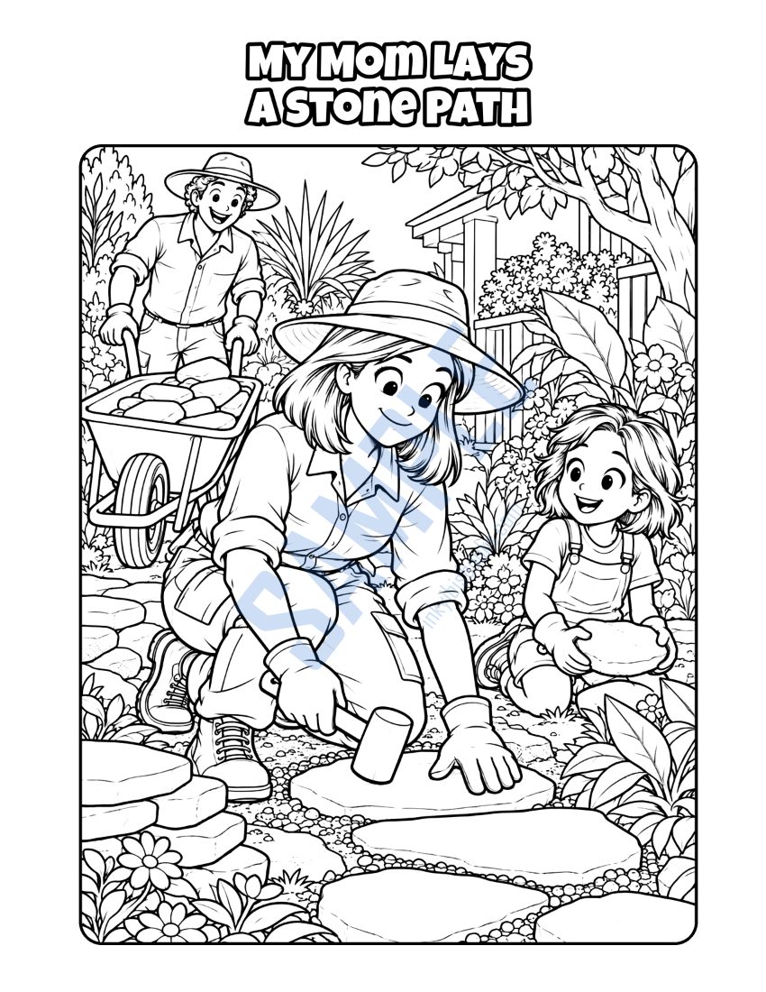 Coloring page from My Mom Is a Landscaper: "My Mom Lays a Stone Path"