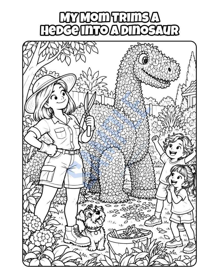 Coloring page from My Mom Is a Landscaper: "My Mom Trims a Hedge into a Dinosaur"