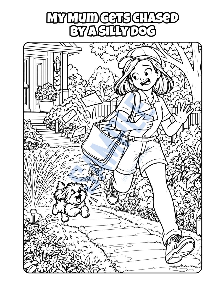 Colouring page from My Mum Is a Postie: "My Mum Gets Chased by a Silly Dog"