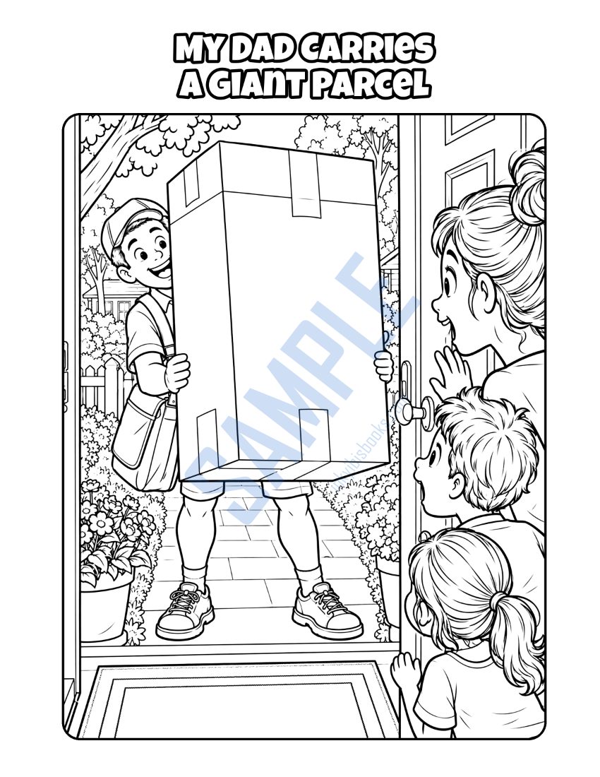 Coloring page from My Dad Is a Mail Carrier: "My Dad Carries a Giant Parcel"
