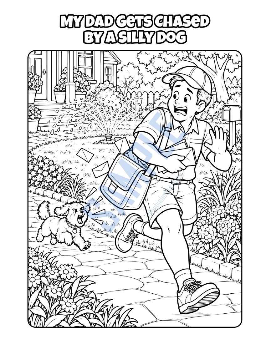 Coloring page from My Dad Is a Mail Carrier: "My Dad Gets Chased by a Silly Dog"