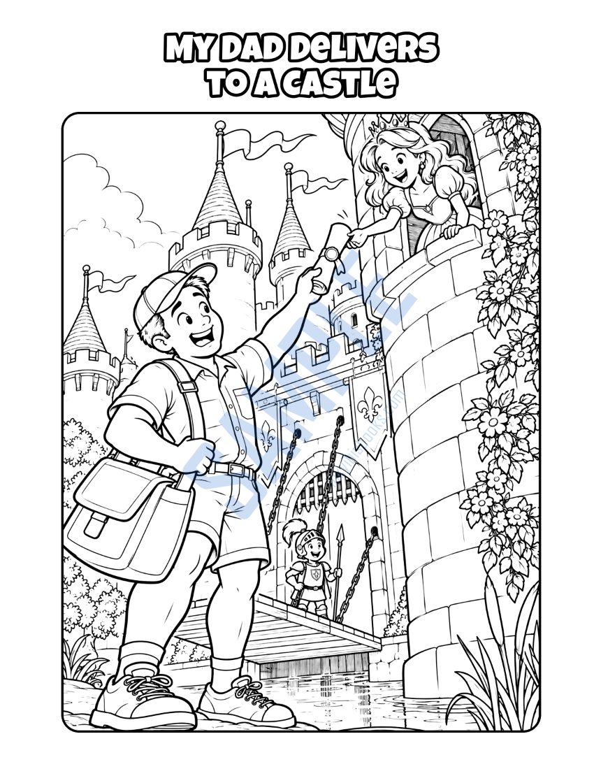 Coloring page from My Dad Is a Mail Carrier: "My Dad Delivers to a Castle"