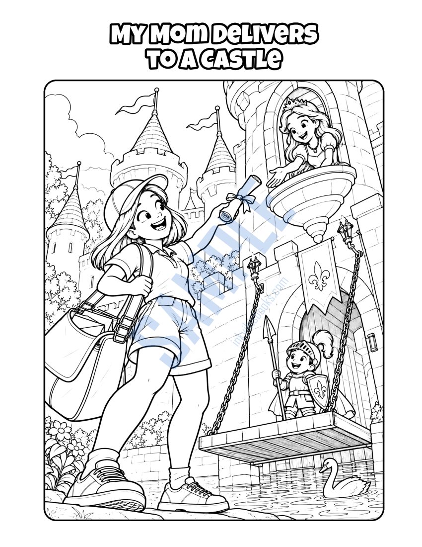 Coloring page from My Mom Is a Mail Carrier: "My Mom Delivers to a Castle"