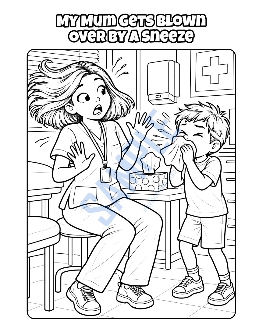 Colouring page from My Mum Works at the Doctor's Surgery: "My Mum Gets Blown Over by a Sneeze"