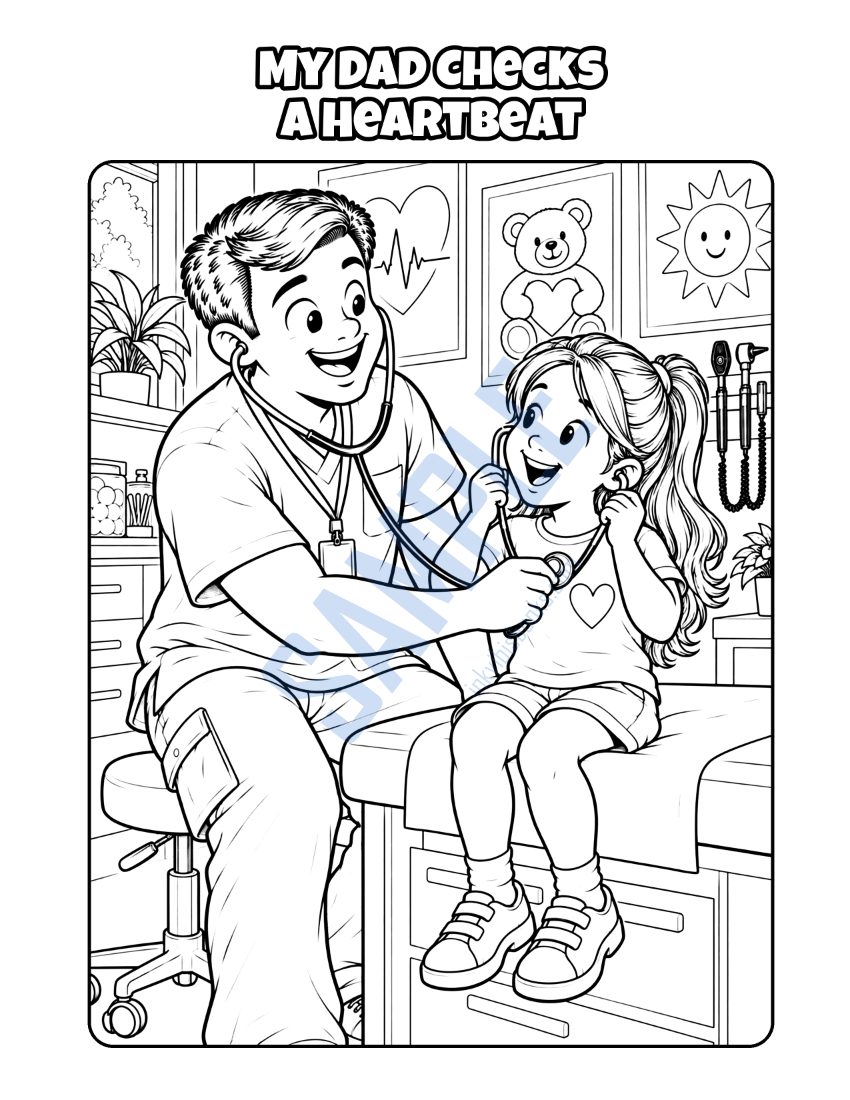 Coloring page from My Dad Is a Medical Assistant: "My Dad Checks a Heartbeat"
