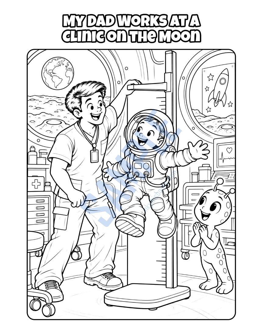 Coloring page from My Dad Is a Medical Assistant: "My Dad Works at a Clinic on the Moon"