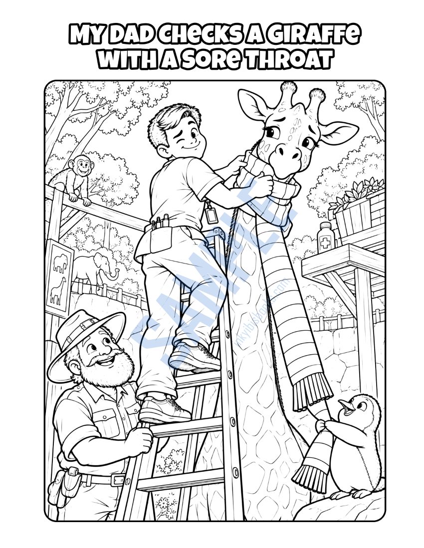 Coloring page from My Dad Is a Nurse: "My Dad Checks a Giraffe with a Sore Throat"