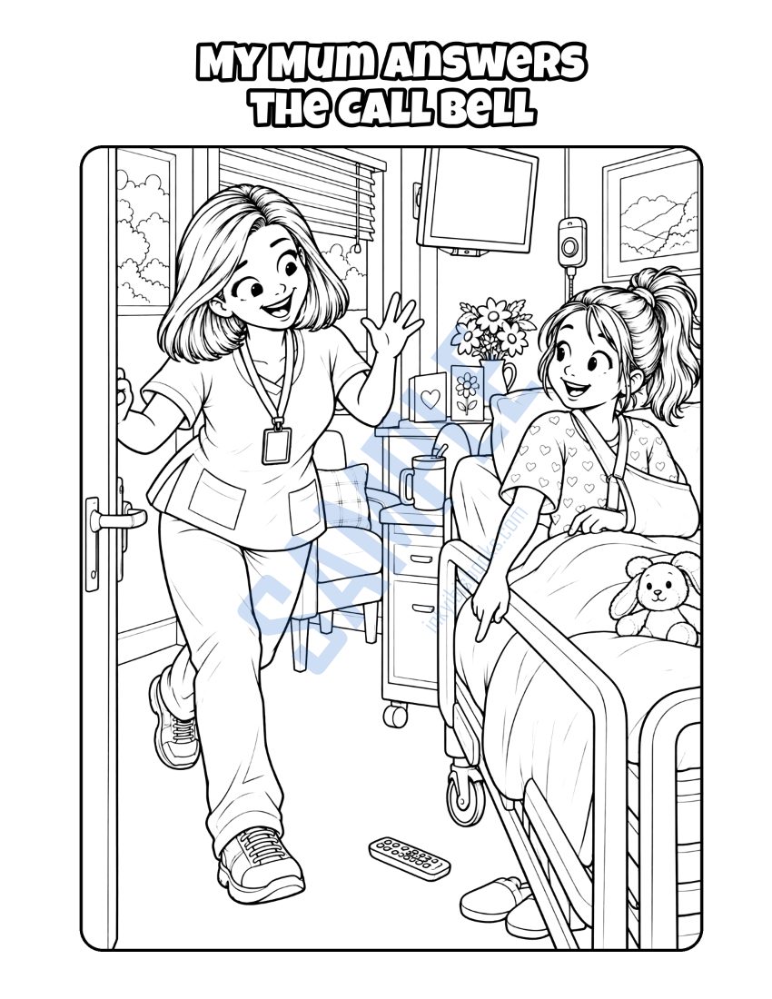 Colouring page from My Mum Is a Nursing Assistant: "My Mum Answers the Call Bell"