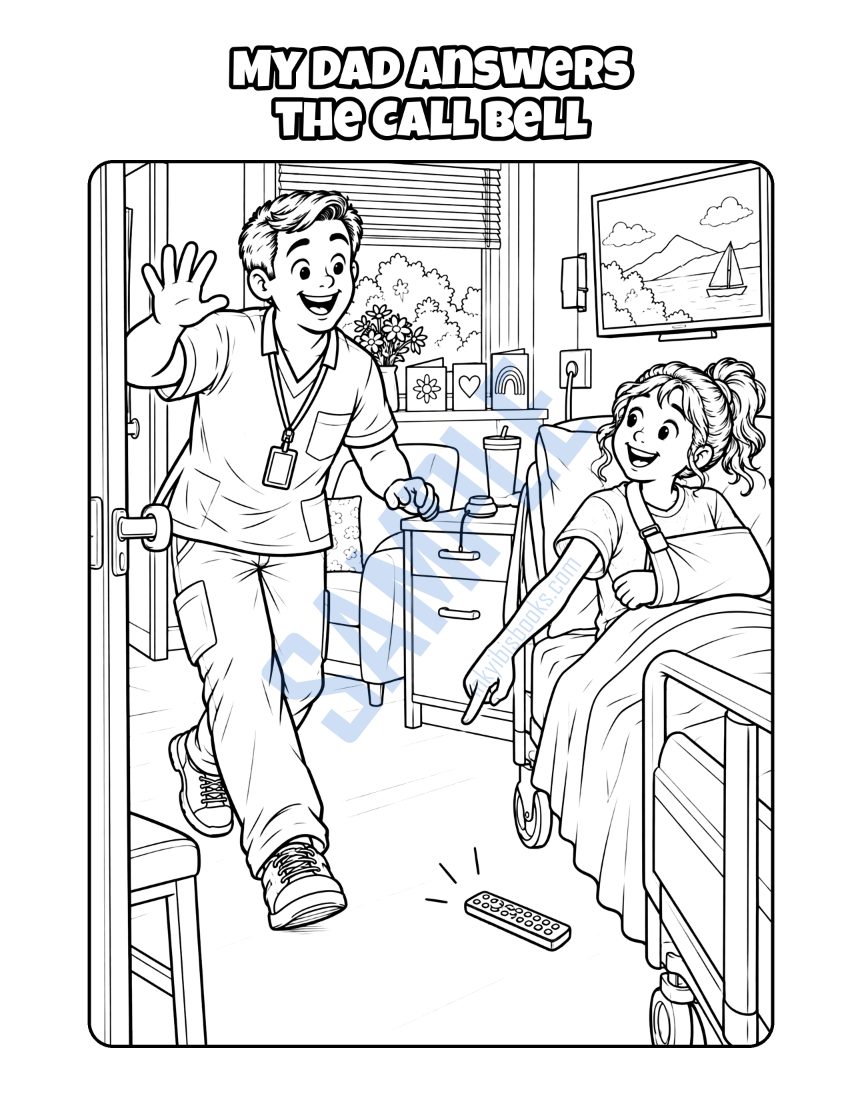 Coloring page from My Dad Is a Nursing Assistant: "My Dad Answers the Call Bell"