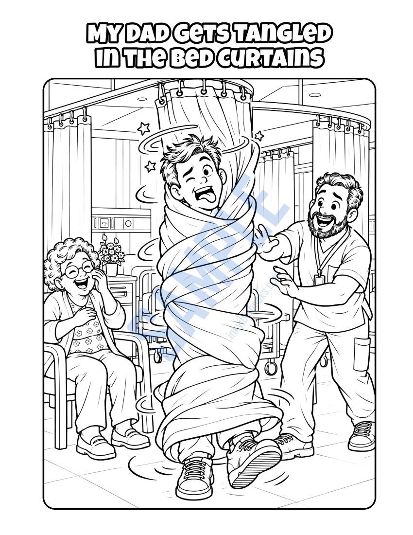 Coloring page from My Dad Is a Nursing Assistant: "My Dad Gets Tangled in the Bed Curtains"