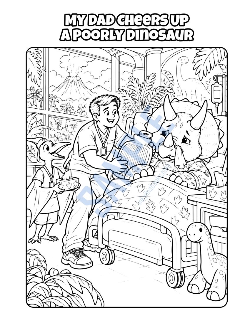 Coloring page from My Dad Is a Nursing Assistant: "My Dad Cheers Up a Poorly Dinosaur"