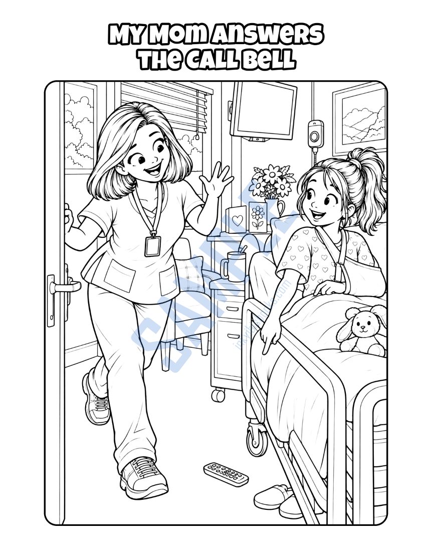 Coloring page from My Mom Is a Nursing Assistant: "My Mom Answers the Call Bell"