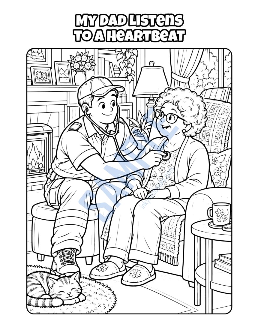 Coloring page from My Dad Is a Paramedic: "My Dad Listens to a Heartbeat"
