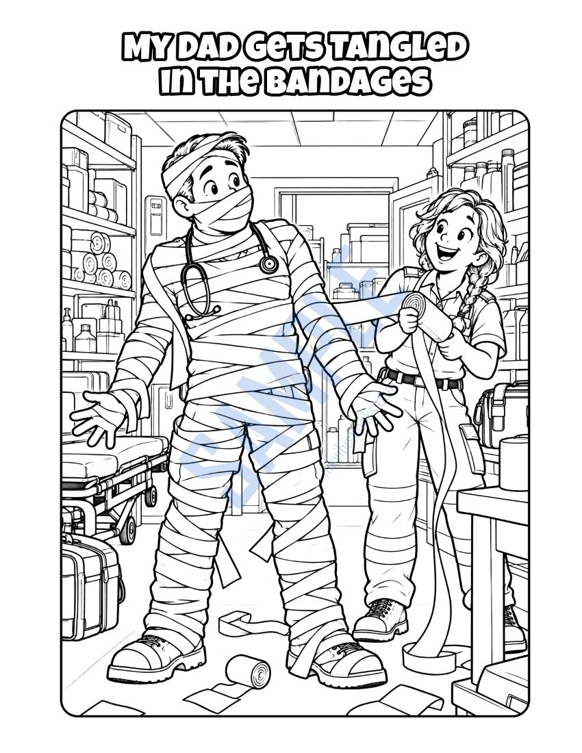 Coloring page from My Dad Is a Paramedic: "My Dad Gets Tangled in the Bandages"
