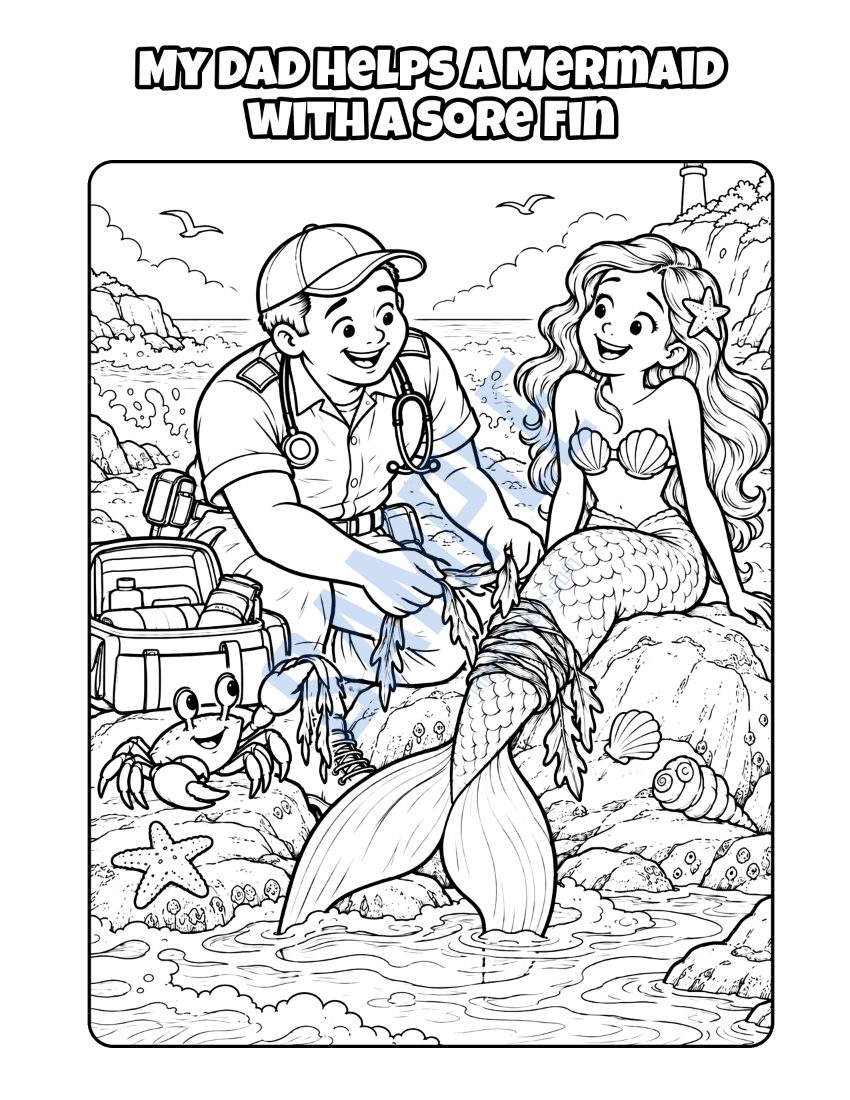 Coloring page from My Dad Is a Paramedic: "My Dad Helps a Mermaid with a Sore Fin"