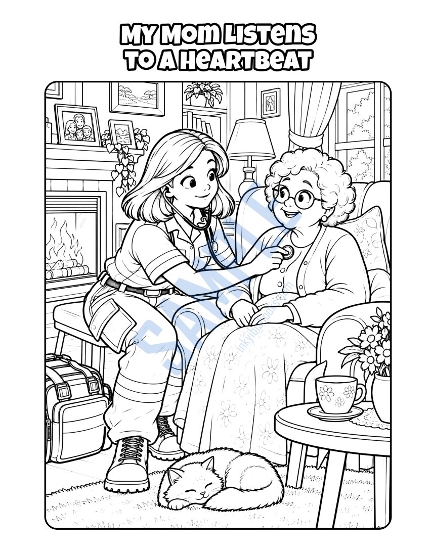 Coloring page from My Mom Is a Paramedic: "My Mom Listens to a Heartbeat"
