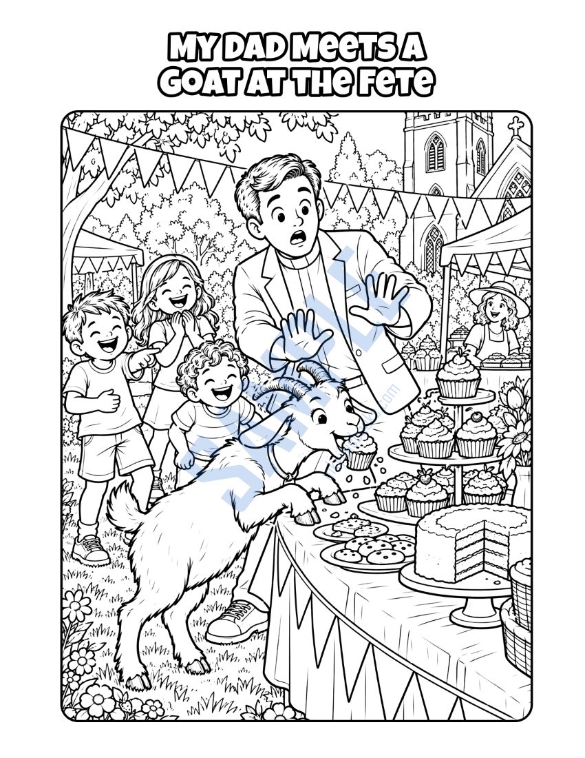 Coloring page from My Dad Is a Pastor: "My Dad Meets a Goat at the Fete"