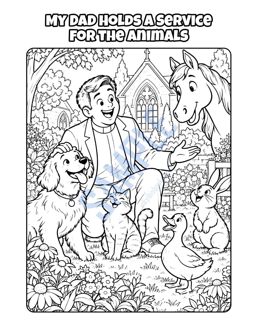 Coloring page from My Dad Is a Pastor: "My Dad Holds a Service for the Animals"