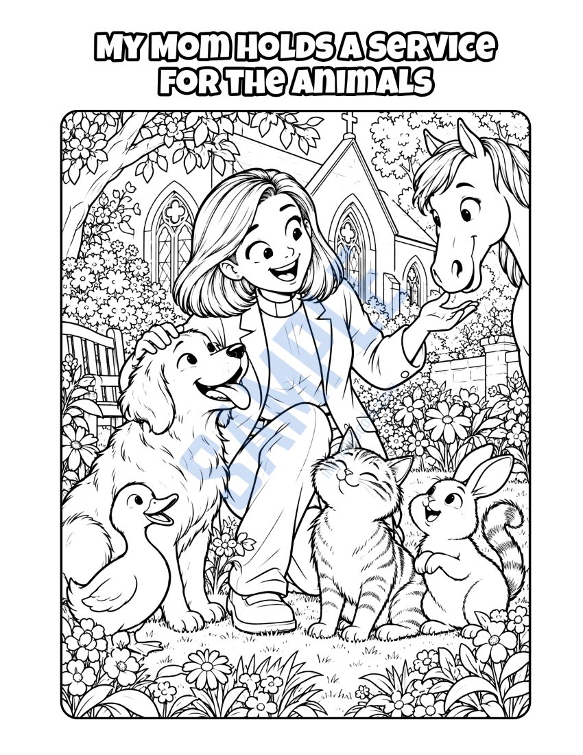 Coloring page from My Mom Is a Pastor: "My Mom Holds a Service for the Animals"