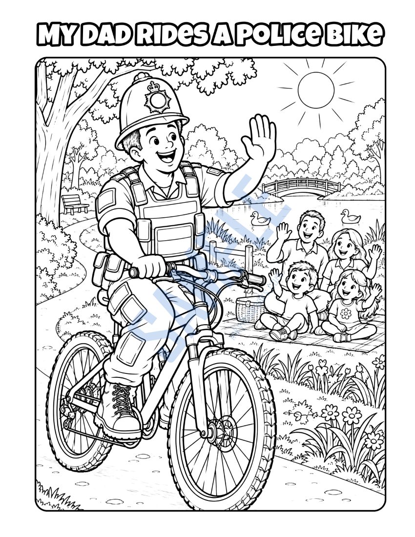 Colouring page from My Dad Is a Police Officer: "My Dad Rides a Police Bike"