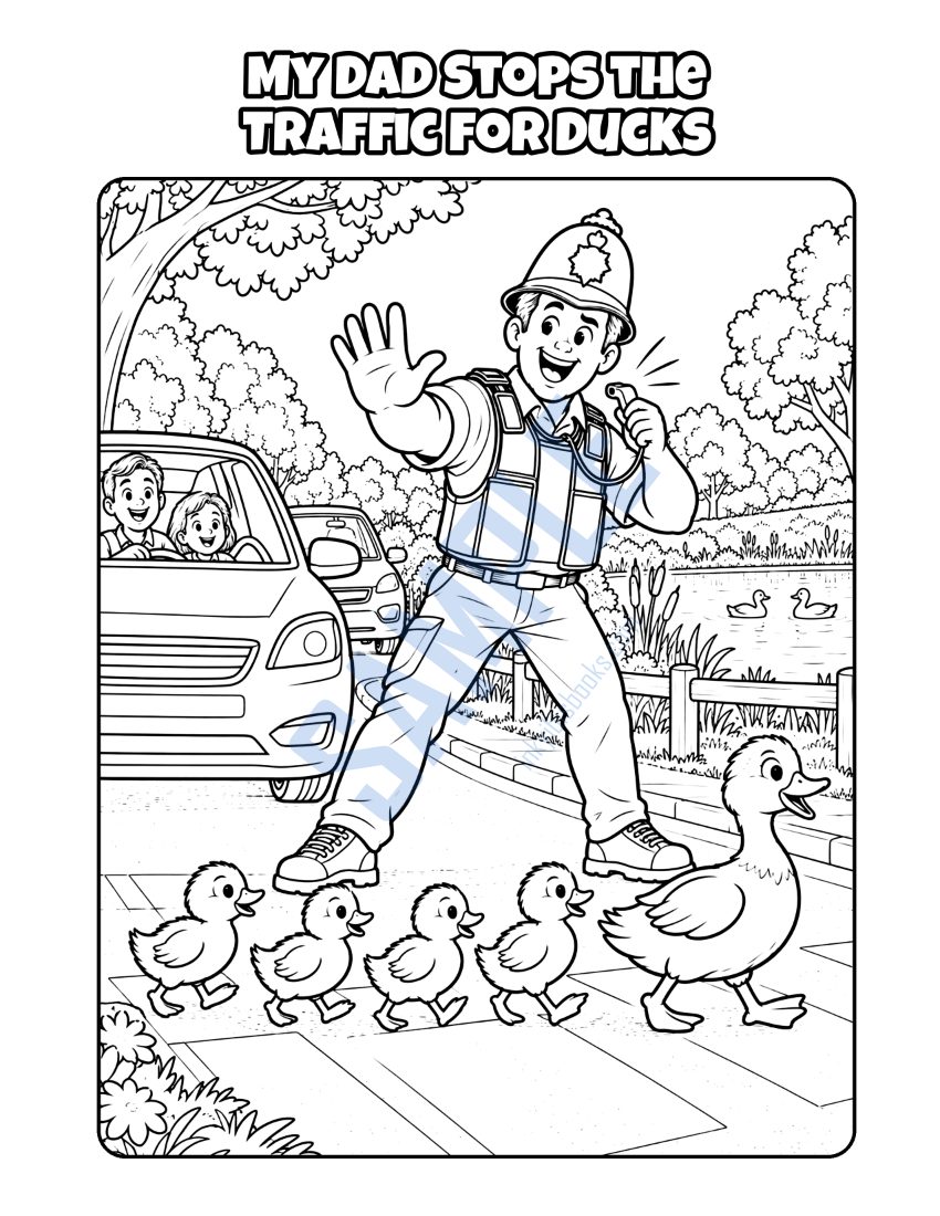 Colouring page from My Dad Is a Police Officer: "My Dad Stops the Traffic for Ducks"