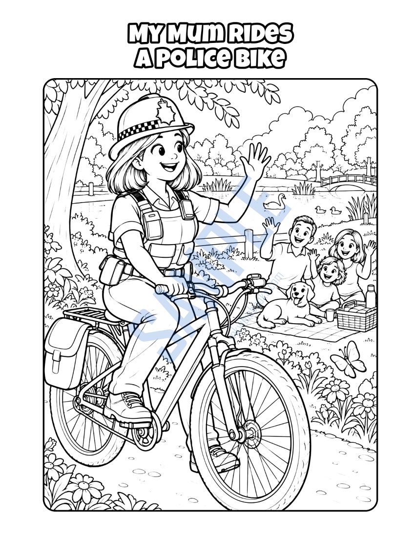 Colouring page from My Mum Is a Police Officer: "My Mum Rides a Police Bike"