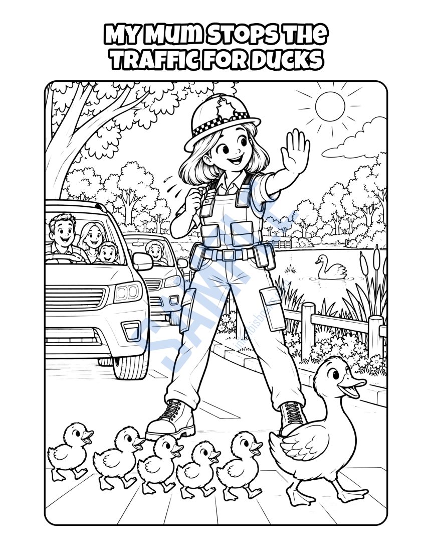 Colouring page from My Mum Is a Police Officer: "My Mum Stops the Traffic for Ducks"