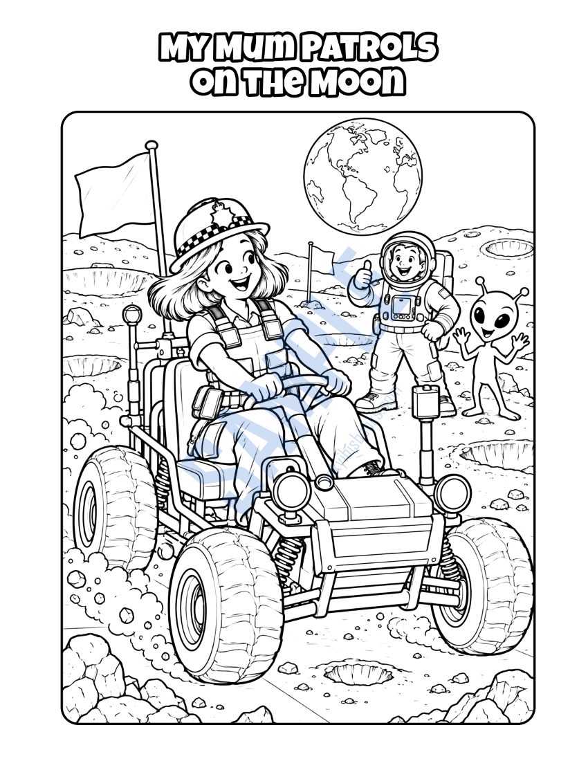Colouring page from My Mum Is a Police Officer: "My Mum Patrols on the Moon"
