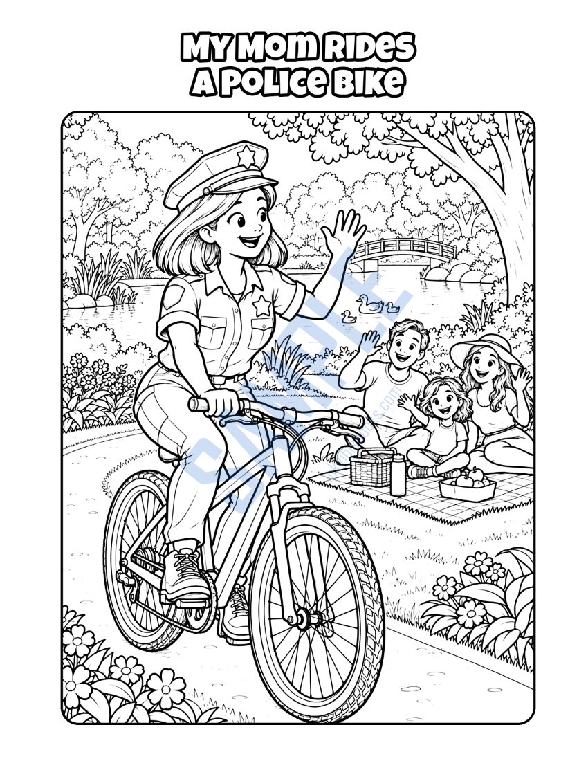 Coloring page from My Mom Is a Police Officer: "My Mom Rides a Police Bike"